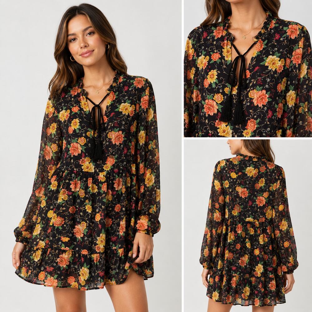 Flying Tomato Floral Mini Dress Women Small Black Long Sleeve Boho Tiered Tassel